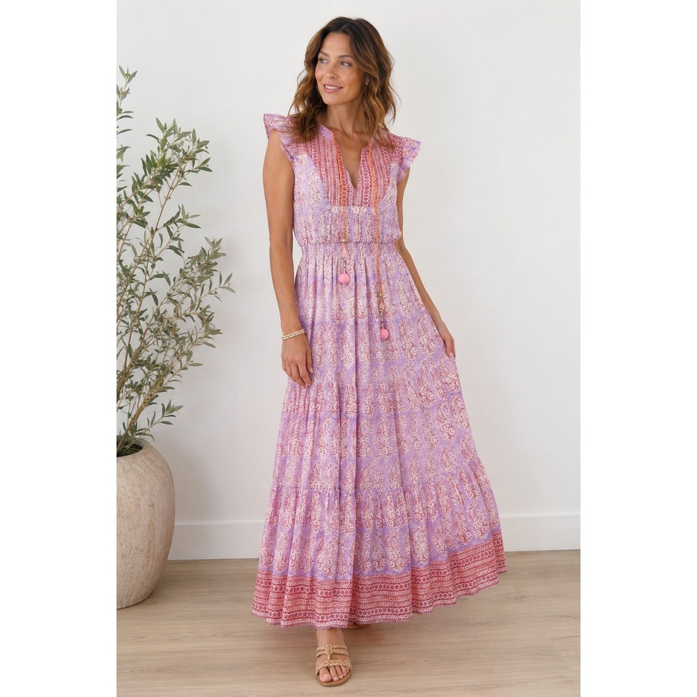 Alicia Bell Hand Block Print Maxi Dress L Lilac Pink Boho Tassel Flutter Sleeve
